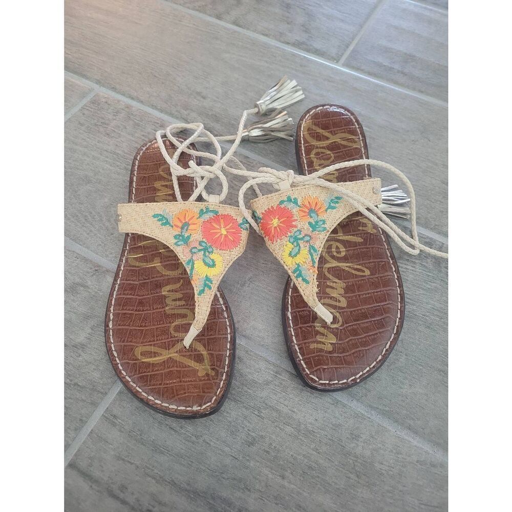 🩴Sam Edelman Beige Embroidered Floral Lace-Up Sandals
